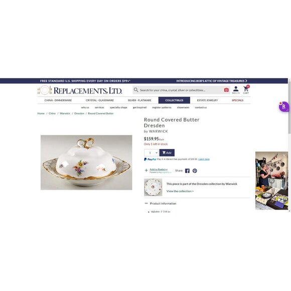 Vintage Dresden By Warwick Round Porcelain Floral Butter Dish With Lid & Gold Ha - Picture 2 of 12